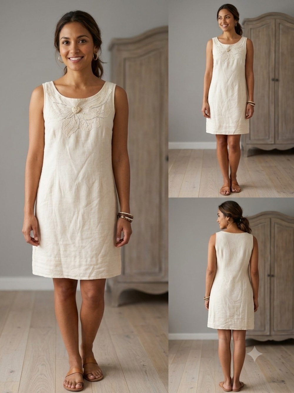 Women’s Cream Embroidered Linen Midi Dress